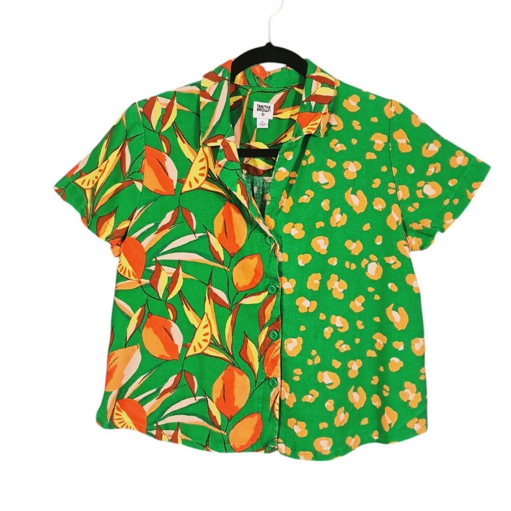 Tabitha Brown Target Linen Blend‎ Button Up Top Small Green Citrus Botanical